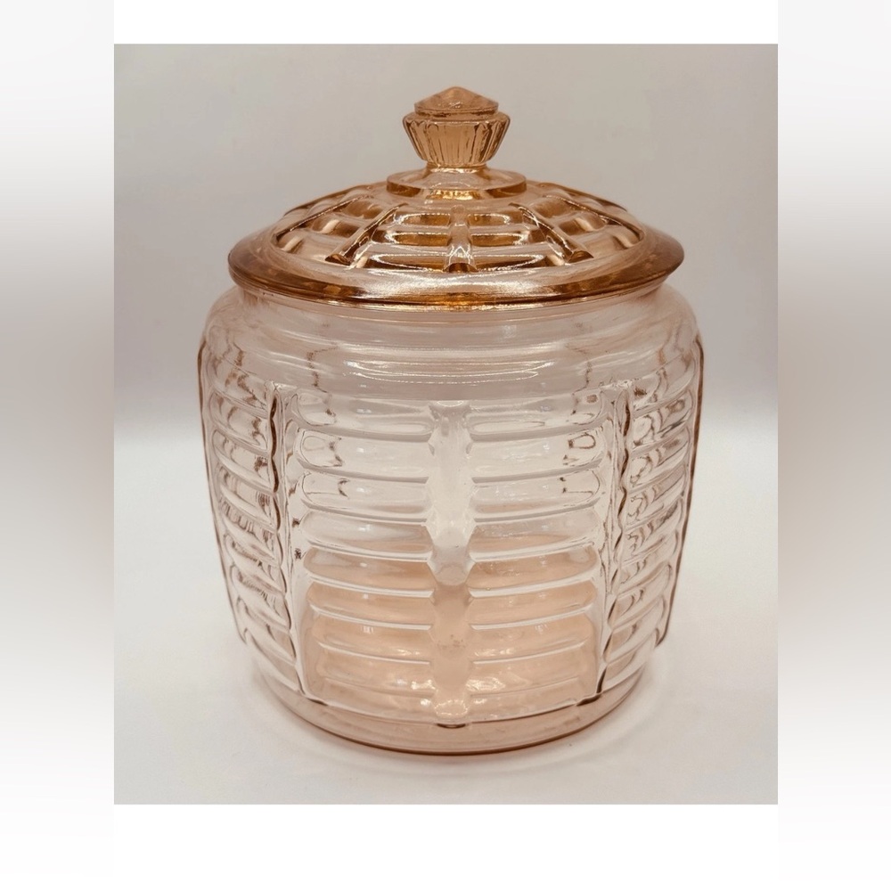 VTG Anchor Hocking pink Depression Glass Jar with lid Manhattan Pattern